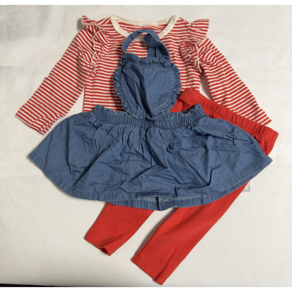 Cat & Jack 3 pc Valentine's Set Baby Girl Size 3-6 Months Red Denim Jumper